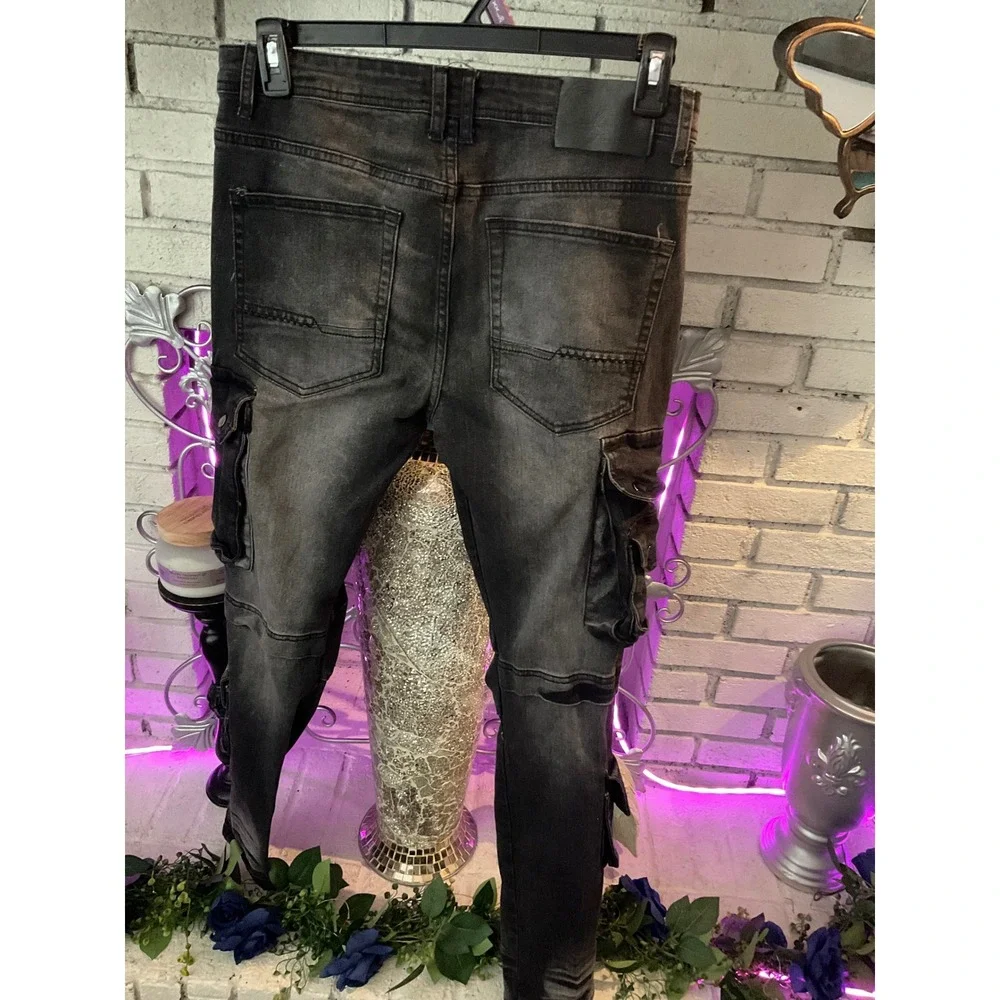 Switch Remarkable Mens Black Washed Slim Taper Cargo Moto Jeans 32x32 Streetwear